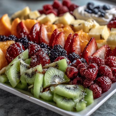A colorful rainbow fruit table featuring strawberries, kiwi, blueberries, and oranges, served with fluffy coconut whipped cream.