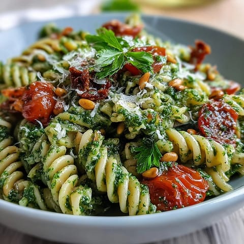 Vibrant summer pasta salad with pesto and cherry tomatoes, fresh basil aroma wafting from the dish.