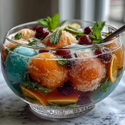 Vibrant rainbow sherbet punch bowl with bubbling Sprite and fresh fruit garnish, perfect for graduation celebrations.