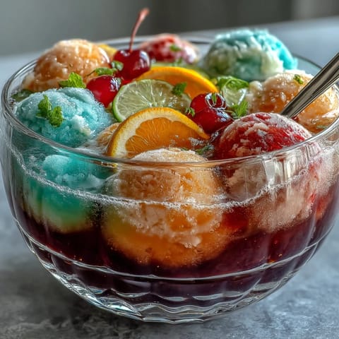 Refreshing punch bowl recipe featuring fruity sherbet melting into chilled lemon-lime soda with citrus slices for a festive touch.