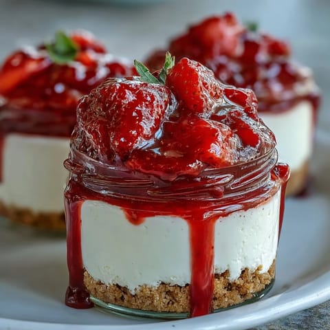 No-Bake Strawberry Cheesecake Jars filled with creamy layers and fresh strawberry compote in glass jars.
