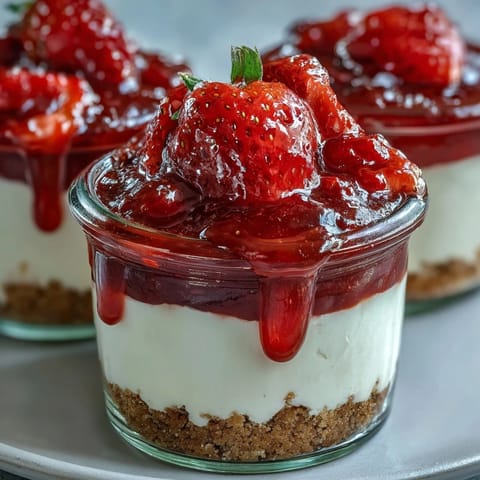 Creamy cheesecake mixture layered over buttery graham cracker base, topped with vibrant strawberry compote in jars.