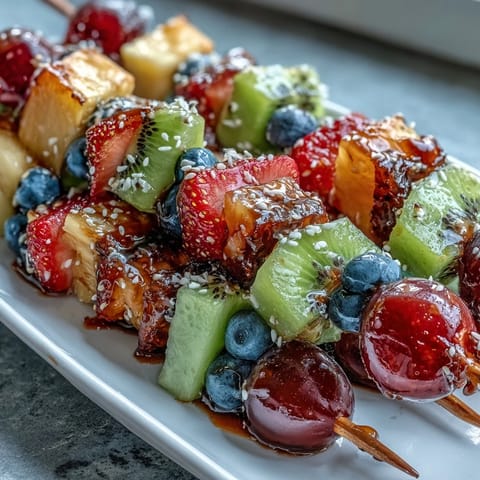 Vibrant rainbow fruit skewers featuring strawberries, pineapple, kiwi, and blueberries, paired with a creamy honey dip for a refreshing summer treat.  