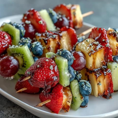 Rainbow Fruit Skewers with Honey Dip, a colorful and healthy snack, arranged in vibrant rainbow order and served with a luscious honey-yogurt dip.  