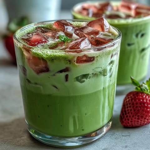 Vibrant strawberry matcha latte with creamy oat milk, layered with fresh strawberry puree and earthy green tea.  