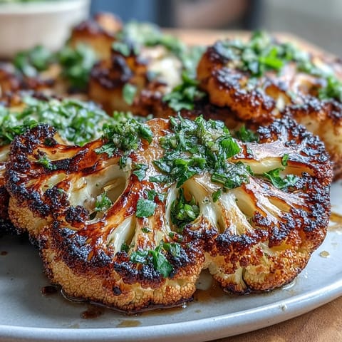 Charred BBQ Cauliflower Steaks topped with fresh, vibrant chimichurri sauce.