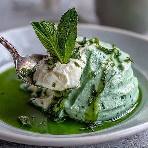 Creamy spring pea soup garnished with a swirl of ricotta and mint.
