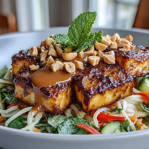 Golden crispy tofu tops a fresh Thai mango salad, perfect for a light lunch.