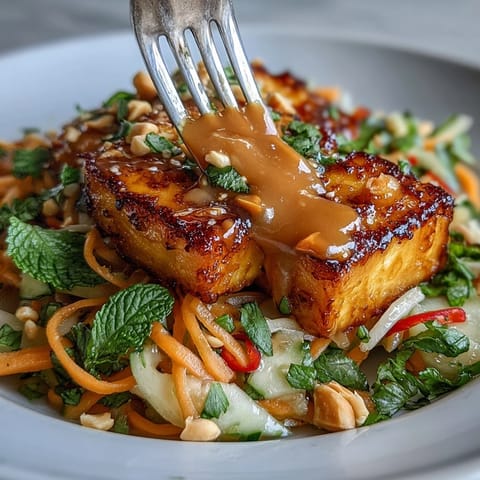 Vibrant Thai Mango Salad with crispy tofu, ready to be drizzled with peanut sauce.