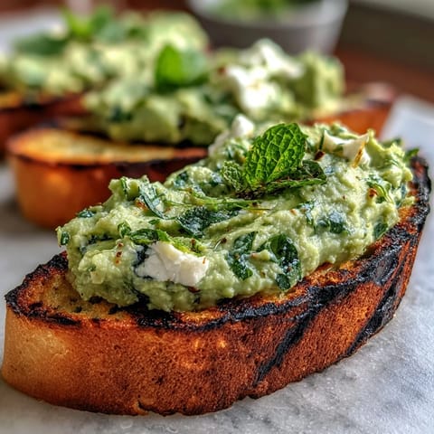Vibrant fava bean and mint bruschetta toppings resting on smoky grilled sourdough bread.