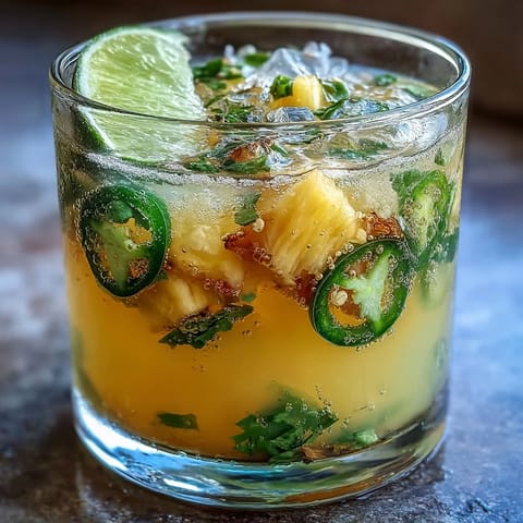 Close-up of vibrant Pineapple Jalapeño Agua Fresca with refreshing ice.