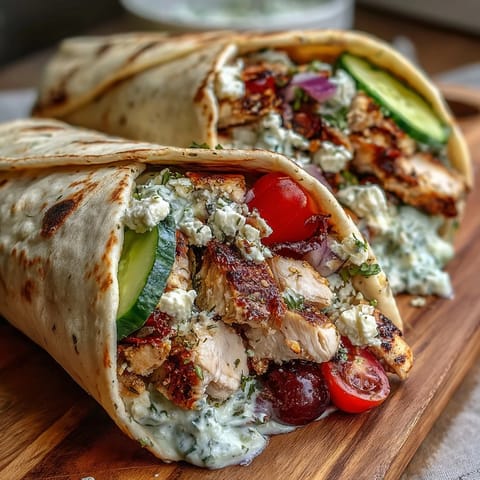 Close-up of delicious Tzatziki Chicken Wraps, bursting with fresh, vibrant flavors.