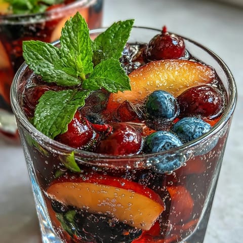 Vibrant Summer Sangria Mocktail with peaches and berries, ready to quench thirst.