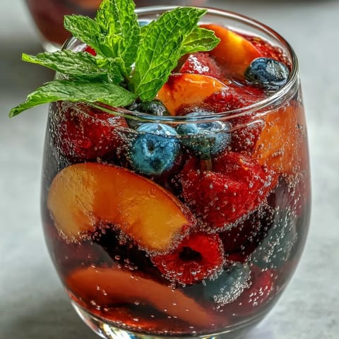 Refreshing peach berry mocktail, bursting with juicy fruit, perfect for sunny afternoons.