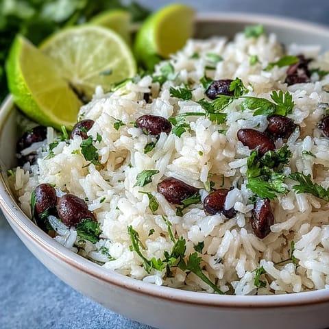 Fluffy Coconut Lime Rice, garnished with fresh cilantro and hearty black beans.