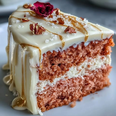 Elegant Bridal Shower Rosé Velvet Cake, delicately pink with a shimmering gold drip.