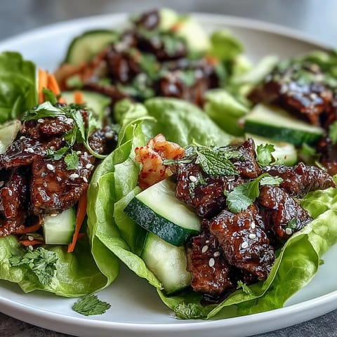 Juicy marinated Korean BBQ beef wraps ready to be filled with fresh vegetables.