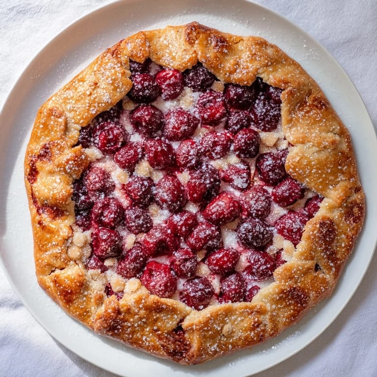 A warm slice of the Rustic Cherry and Vanilla Almond Galette, revealing a perfectly baked almond crust and bright cherries.