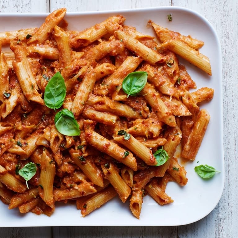A close-up of a steaming One-Dish Baked Ziti revealing rich layers of pasta, sauce, and creamy ricotta.