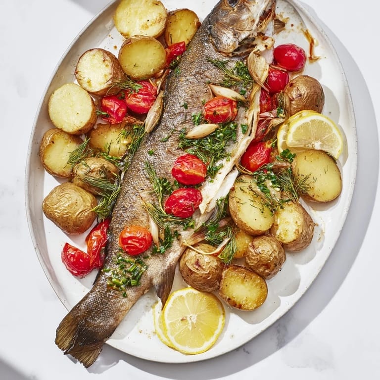 A close-up view of flavorful One-Tray Baked Trout skin-on, baked alongside colorful roasted vegetables.