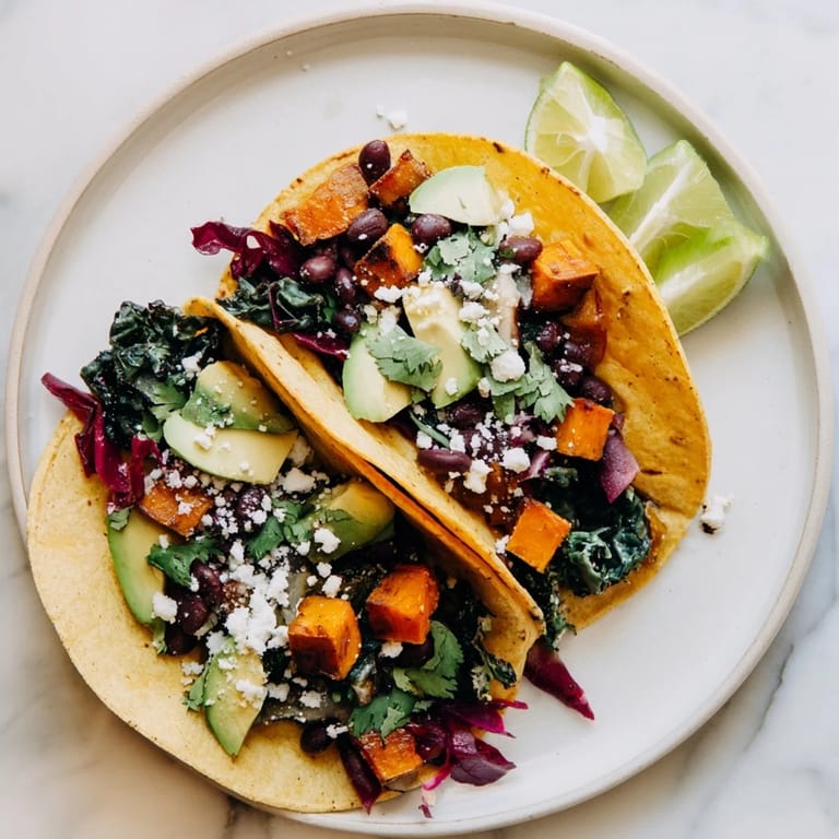 Warm corn tortillas hold flavorful Quick Sweet Potato and Black Bean Tacos filled with roasted veggies.