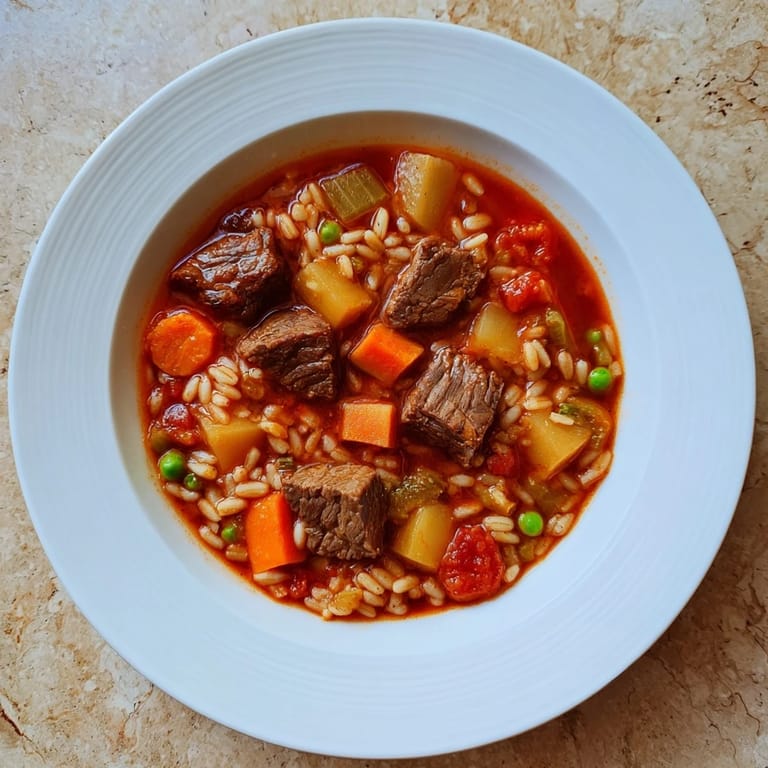 A close-up view of the rich, flavorful One-Pot Hearty Beef and Barley Soup ready to be served hot.