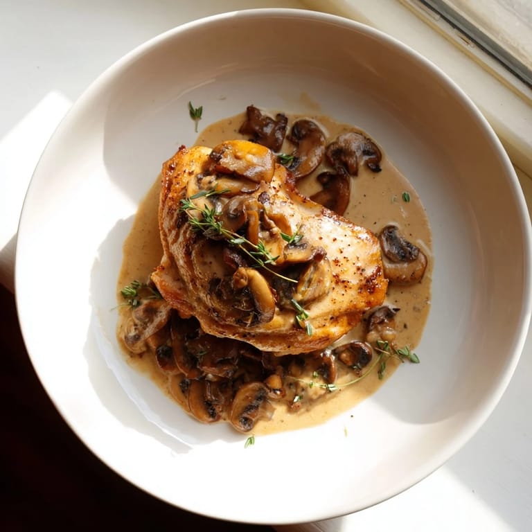 Imagine a flavorful skillet-seared chicken breast smothered in creamy mushroom sauce, ideal with mashed potatoes.
