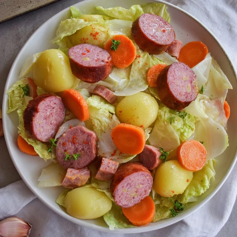 Smoked sausage simmering with cabbage, carrots, and potatoes in this easy All-in-One Pan Sausage and Cabbage Bake.
