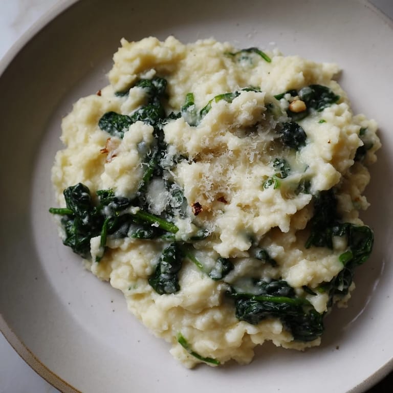 A steaming bowl of creamy spinach and Parmesan mashed potatoes, ideal for a cozy dinner.
