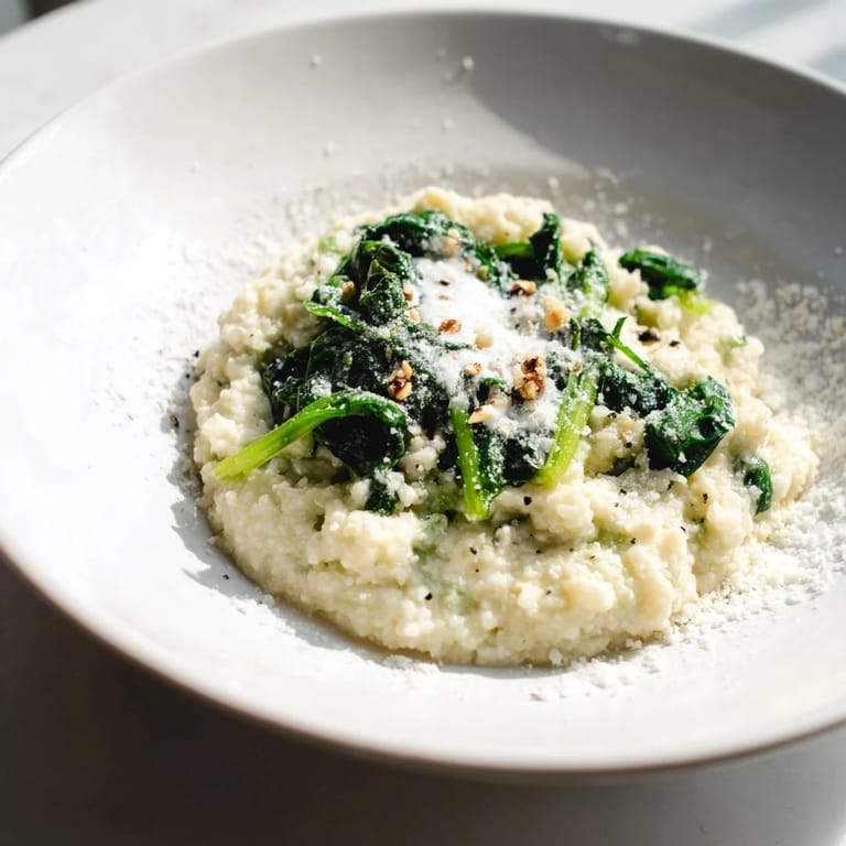 Golden-yellow creamy spinach and Parmesan mashed potatoes ready to serve with a sprinkle of cheese.