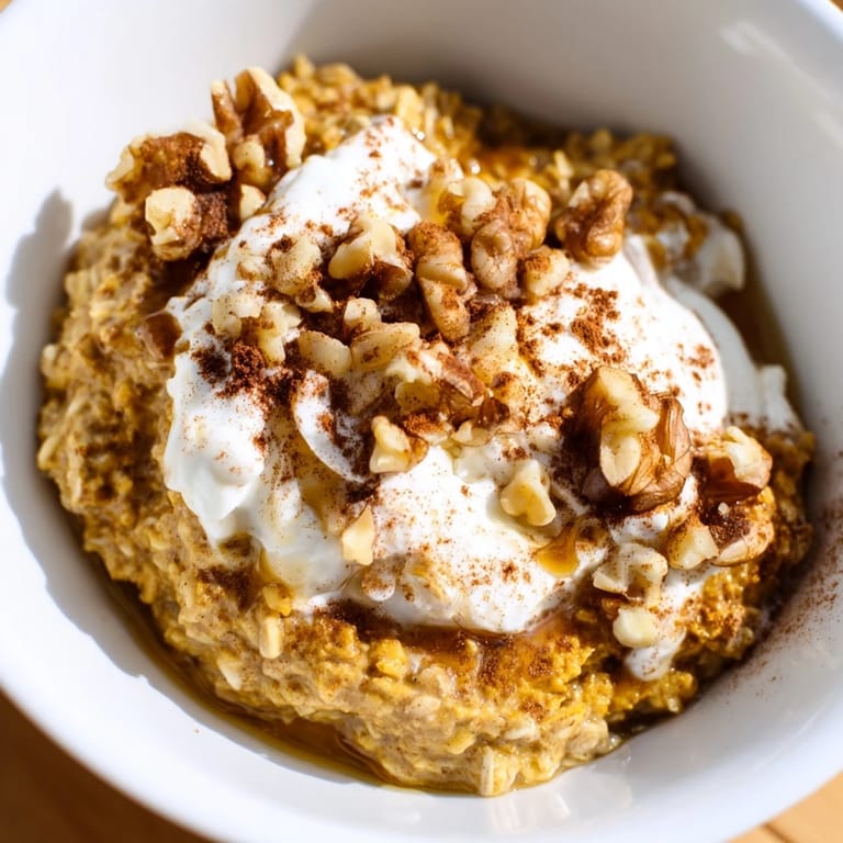 A close-up of a delightful serving of Pumpkin Spice Latte Oats, featuring pecan topping and maple syrup.