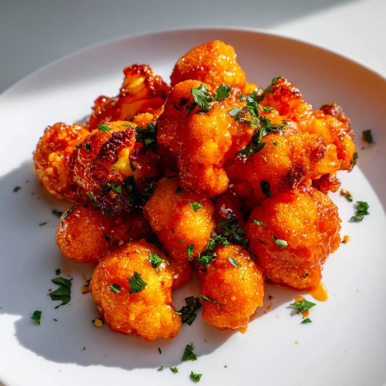 A close-up of a baking sheet filled with flavorful, caramelized Sriracha-Buffalo Cauliflower Bites, ready to eat.