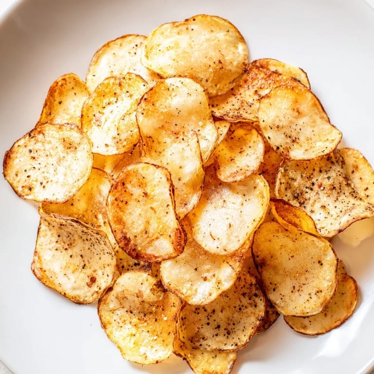 A close-up of freshly made air-fryer potato chips, perfectly golden and thin, a healthier snack option.