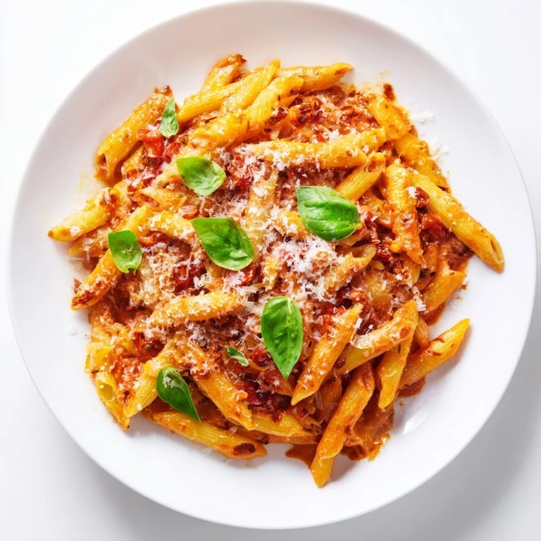 Bright red basil garlic one-pot creamy tomato pasta, garnished with fresh basil, for a perfect Italian meal.