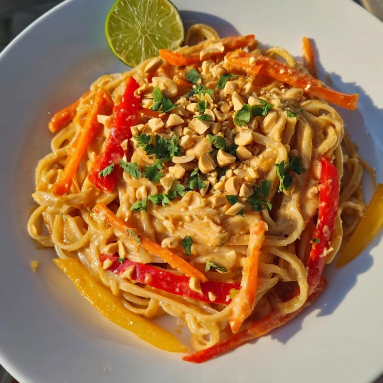 A close up of freshly plated Spicy Peanut Noodles with bright cilantro and a squeeze of lime.