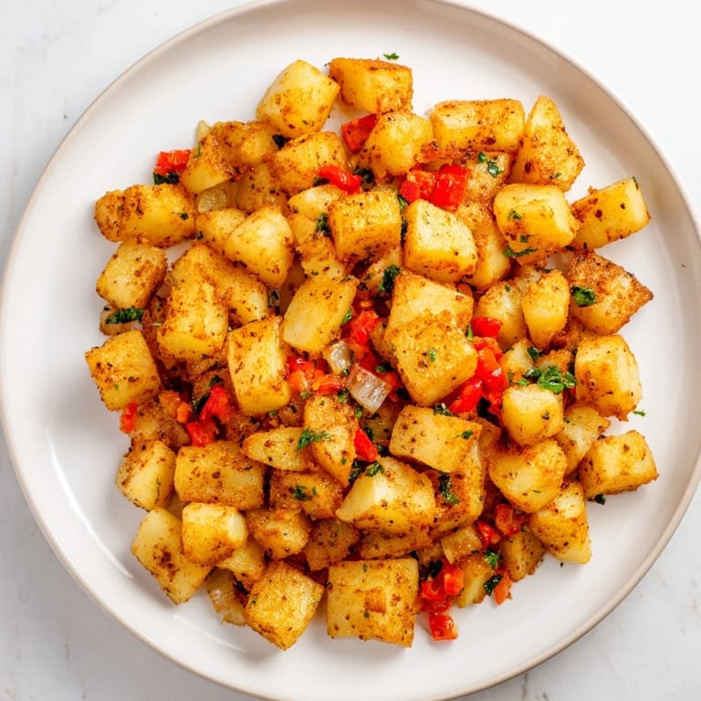 Steaming hot air fryer breakfast potatoes, a simple side dish featuring golden, seasoned potatoes, ready to serve and enjoy.