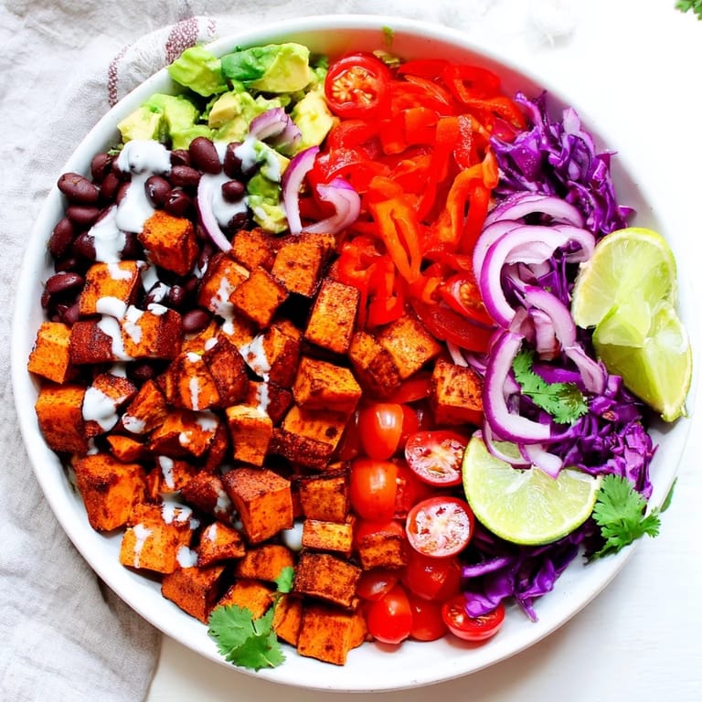 A healthy and vibrant Sweet Potato Taco Bowl overflowing with fresh vegetables, zesty lime dressing.