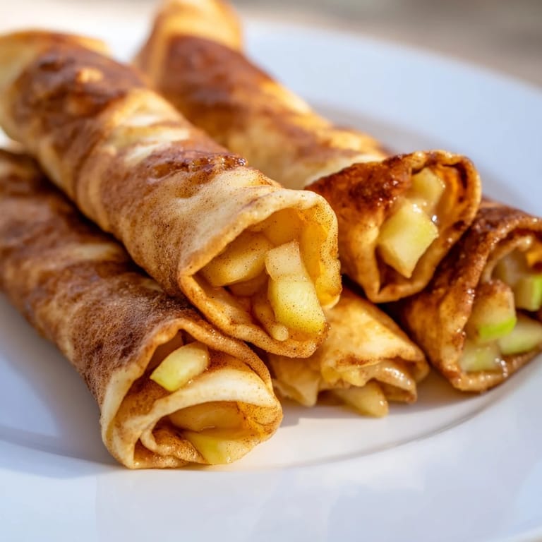 Close-up of baked Apple Pie Roll-Ups, showcasing the cinnamon-spiced apple filling inside.