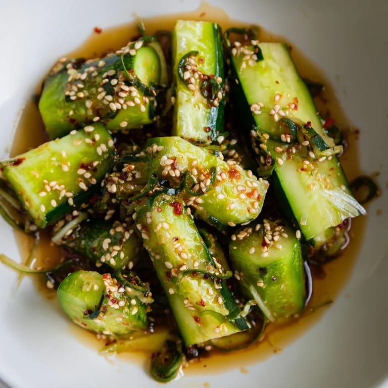 A visually appealing close-up of the Chinese Spicy Smashed Cucumber Salad with bright green cucumbers and red chili flakes.