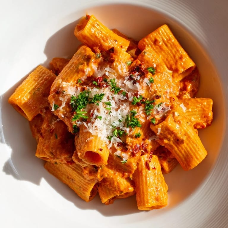Delectable, creamy Gigi Hadid-Style Spicy Rigatoni with a visible swirl of tomato-vodka sauce and perfectly cooked pasta.