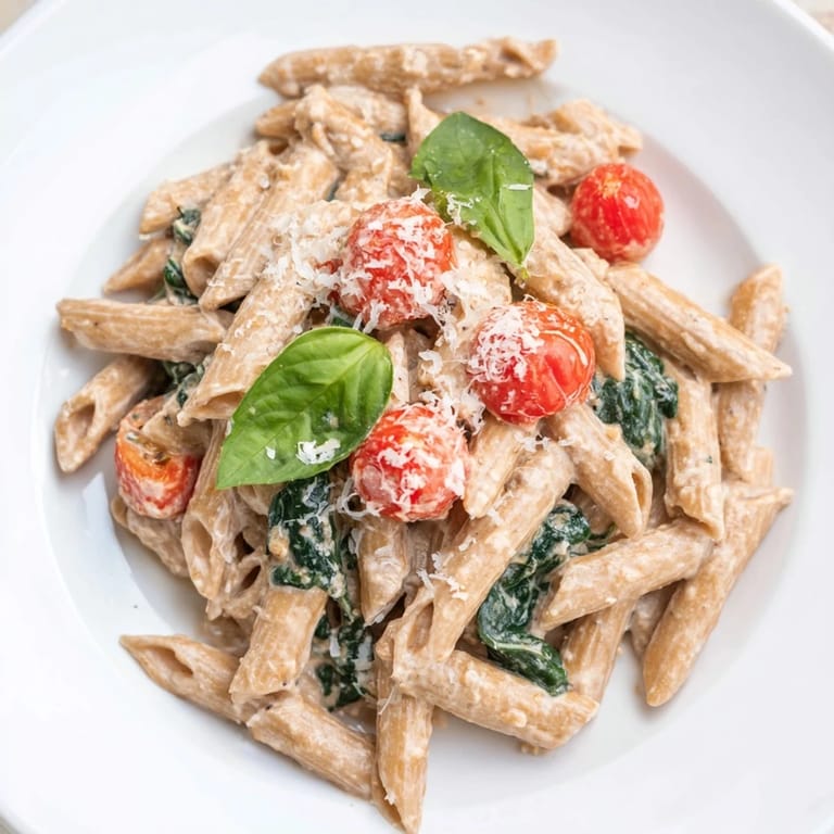 Smooth and creamy Cottage Cheese High-Protein Creamy Pasta, ready to savor and enjoy.