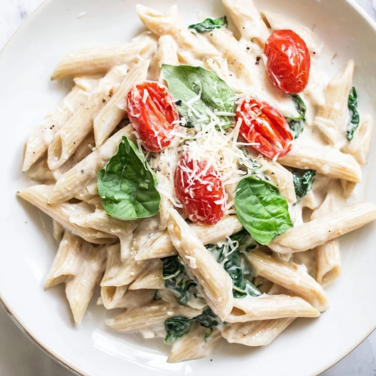 Vibrant spinach mixed into Cottage Cheese High-Protein Creamy Pasta, a healthy savory dish.