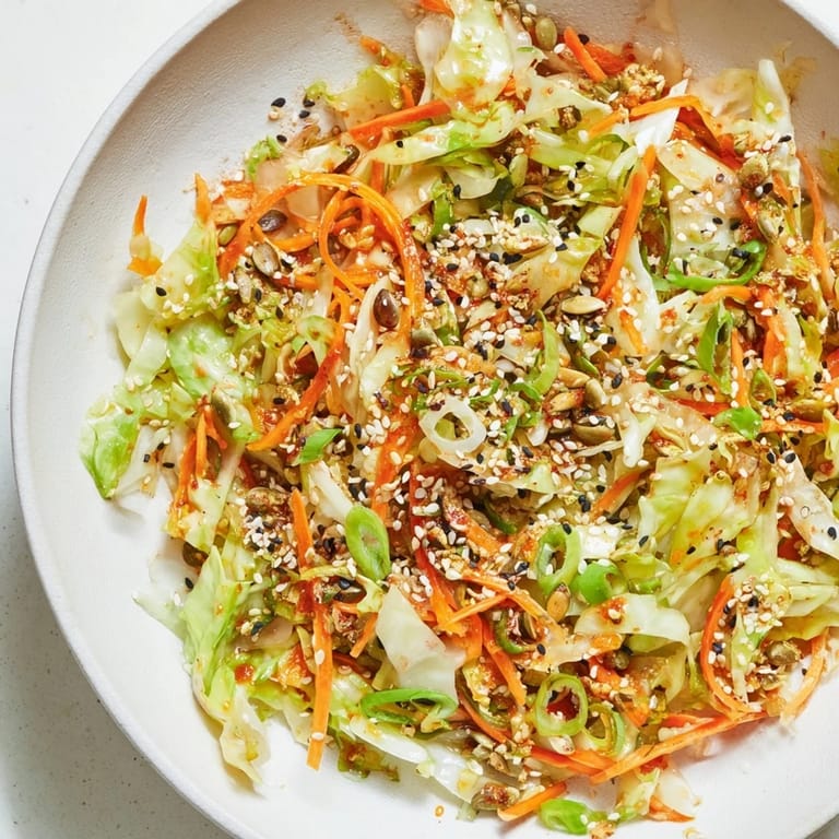 Close-up of freshly prepared Cabbage-Core Slaw Salad, featuring crunchy shredded veggies ready to serve.