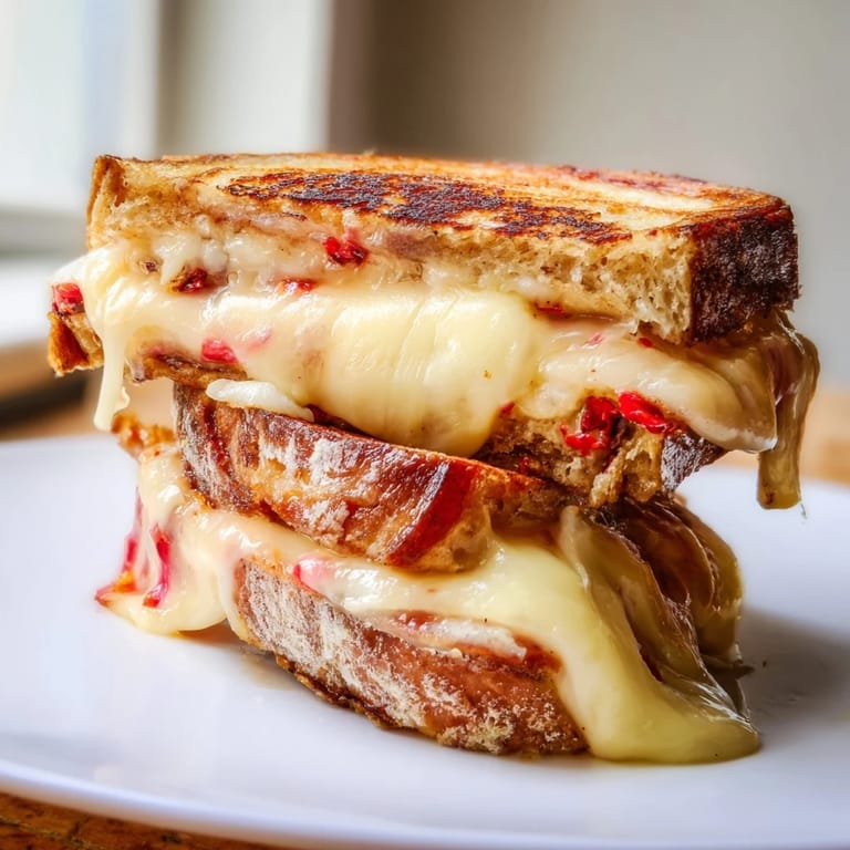 A close-up of a Brie and Chili Crisp Grilled Cheese, oozing cheese, perfectly browned, ready to serve.