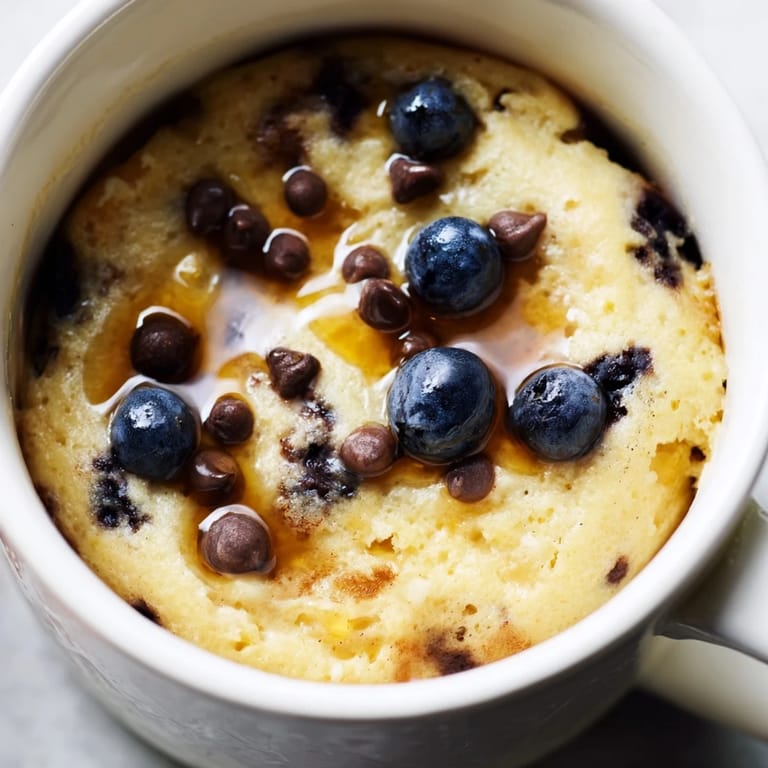 Fluffy microwave mug pancakes, ready in minutes, topped with fresh berries and a syrupy glaze.