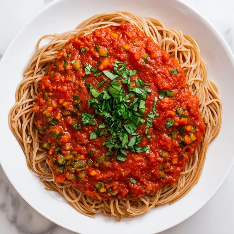 Rich, homemade Veggie-Loaded Tomato Pasta Sauce simmering gently, perfect for family meals tonight.