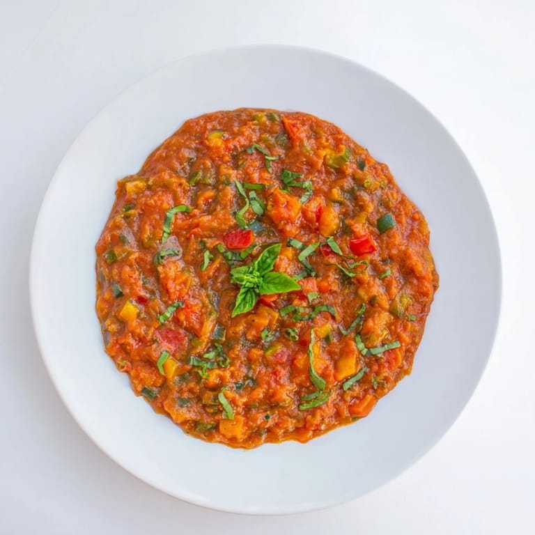 A steaming bowl of Veggie-Loaded Tomato Pasta Sauce with fresh basil garnish, ready for dinner.