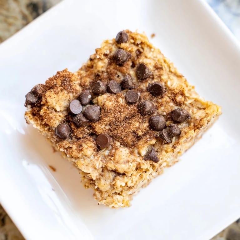 Warm, freshly baked Baked Oats That Taste Like Cake, a perfect breakfast, with visible chocolate chips adding deliciousness.