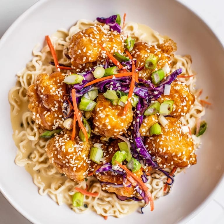Delicious Chaos Cooking Buffalo Cauliflower Ramen with crispy cauliflower and a rich, creamy broth, ready to serve and enjoy.