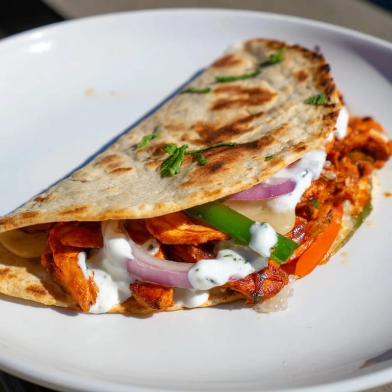 Crispy-edged Tandoori Chicken Quesadilla, offering a delightful fusion of Indian spices and melted cheese.
